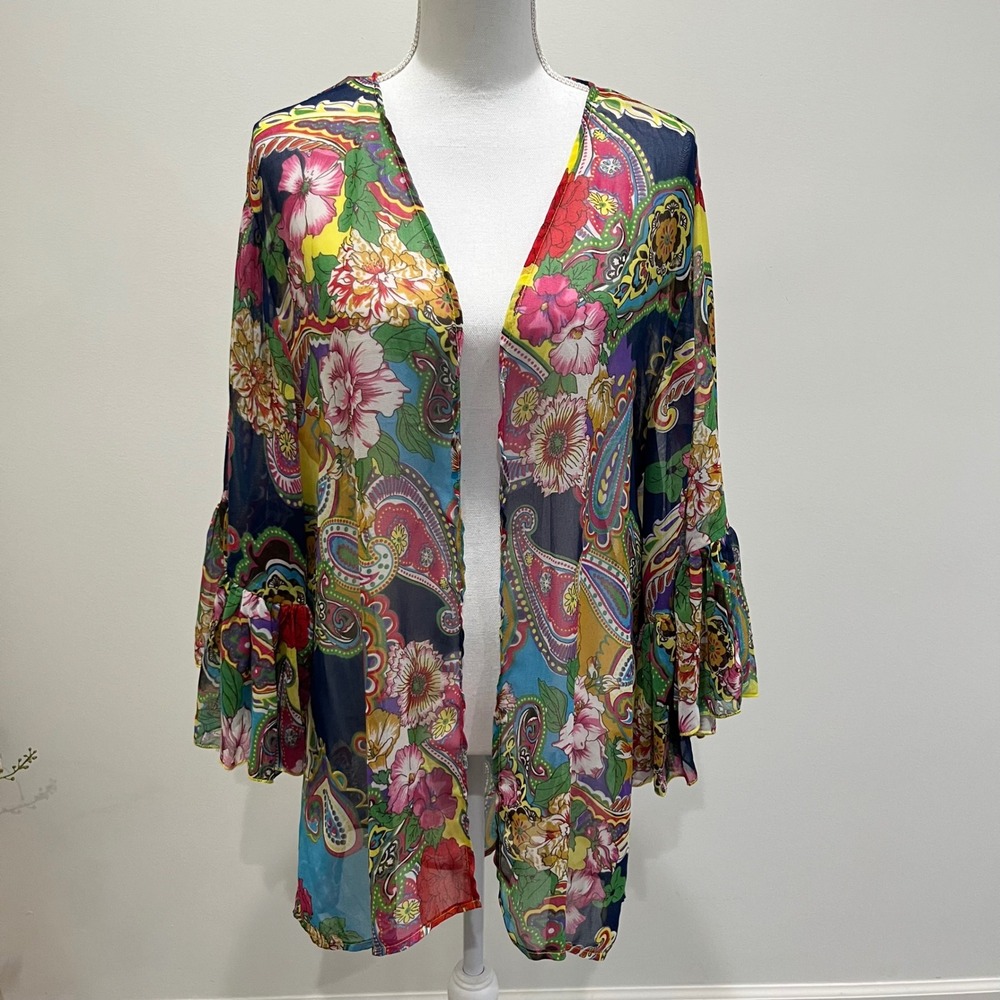 Turquoise Haven Kimono SM Colorful Floral Paisley Bell Sleeve Boho Festival